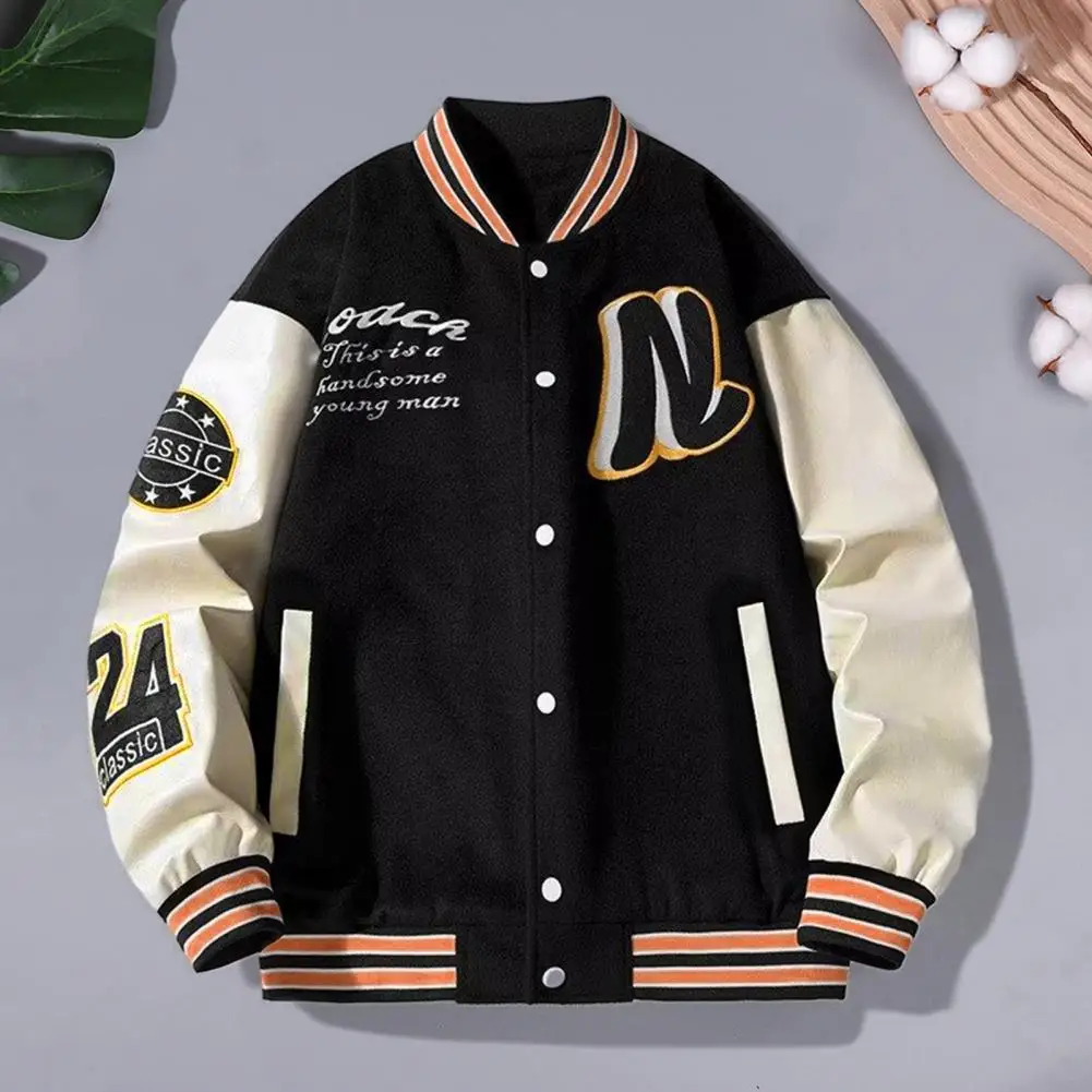 

Men Baseball Jacket Striped Letter Pattern Stand Collar Long Sleeve Men Outerwear Thick Single-breasted Cardigan Mid Length Coat