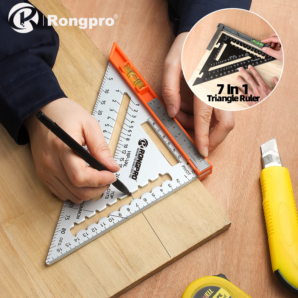 Rongpro Aluminum Alloy Triangular Ruler Double Scale Miter Framing Measurement For Carpenter Woodworking Tools Square Protractor