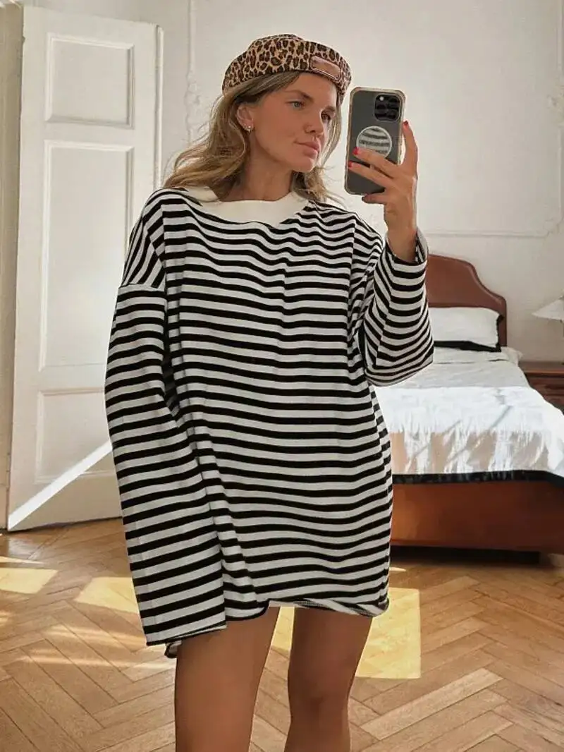 

Women's Striped T-shirt 95% Cotton Oversized Black And White Casual Basic Long Sleeve Top Vintage Casual T-shirts Women VC87