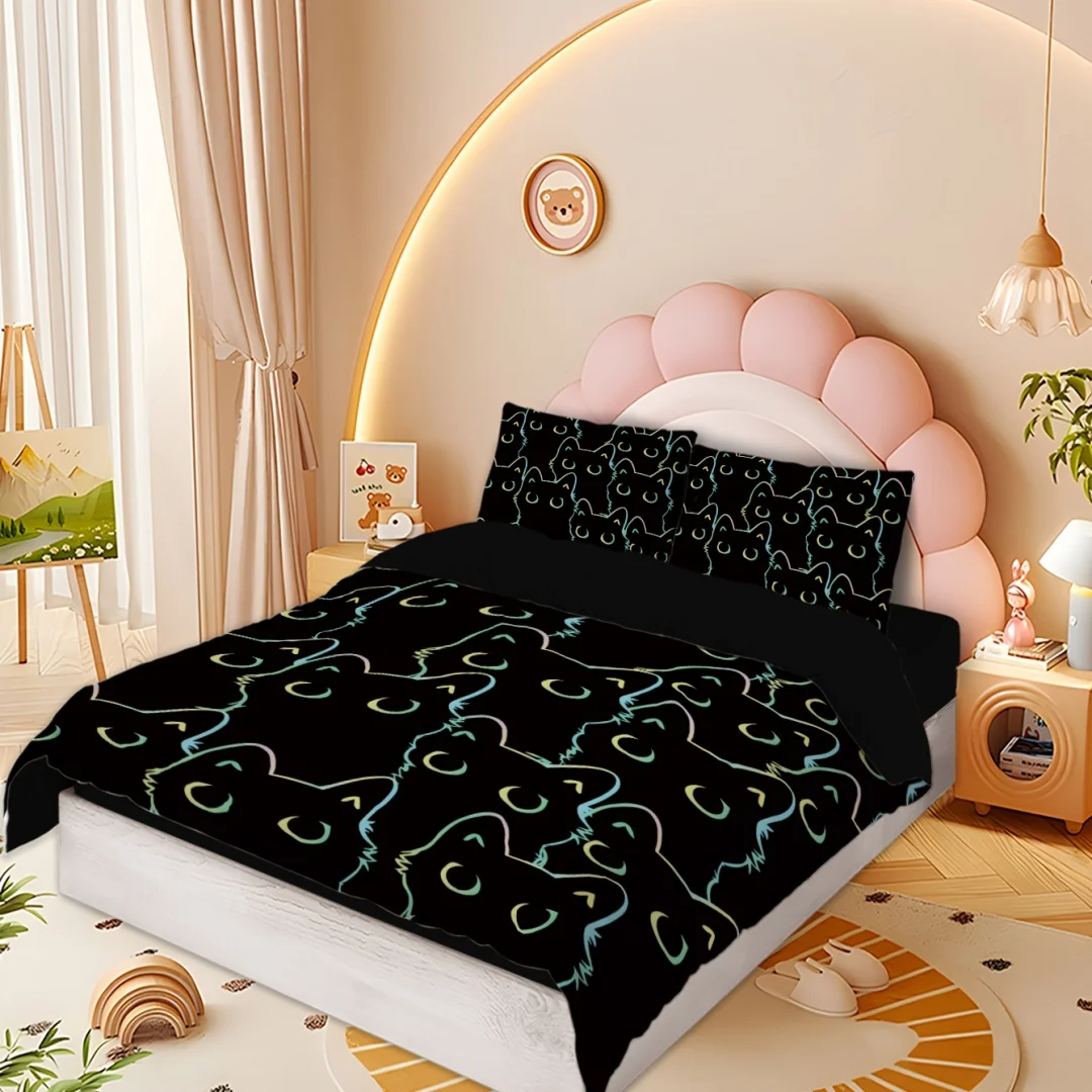 Niedliches Katzen-Bettwäsche-Set, 3D-gedrucktes Bettbezug-Set, hautfreundliches Cartoon-Bettwäsche-Set, Einzelbett, Doppelgröße, Schlafzimmer-Dekoration für Kinder – Detail 6