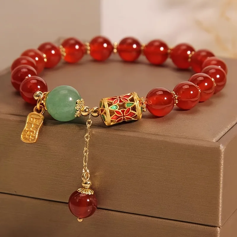 

Women's Elegant Red Agate Beaded Bracelet - Adjustable, Natural Stone Charm Jewelry, Suitable for Daily Wear and Party
