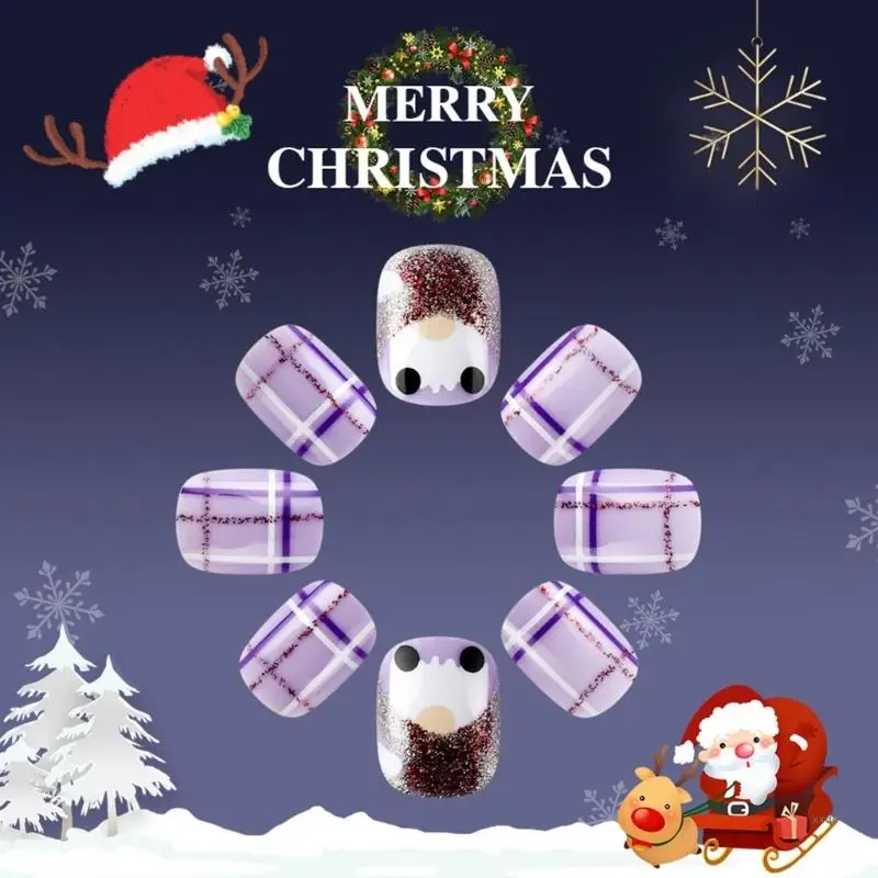 24 Pcs Short Square Full Cover False Nail Christmas Press On Nail Glittering Artificial Nail Snowman Stick on Nail