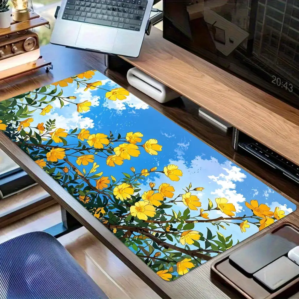 Alas Mouse Bunga Kuning Ukuran Besar untuk Komputer, Kantor, Meja Game, Alas Meja XXL Karet Anti Selip dengan Tepi Jahitan, Alas Keyboard, Alas Meja Panjang