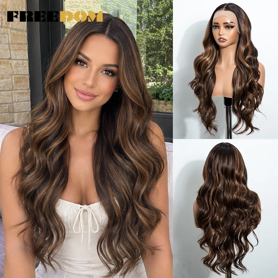FREEDOM 13x4 Synthetic Lace Front Wigs For Women 26 Inch Body Wave Free Part Lace Frontal Wig Natural Pre Plucked Daily Use Wig