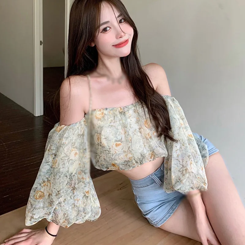 Women Sexy Floral Blouse  French Vintage Designer Sweet Slim Strap Blouse Casual Puff Sleeve Outdoor Blouse