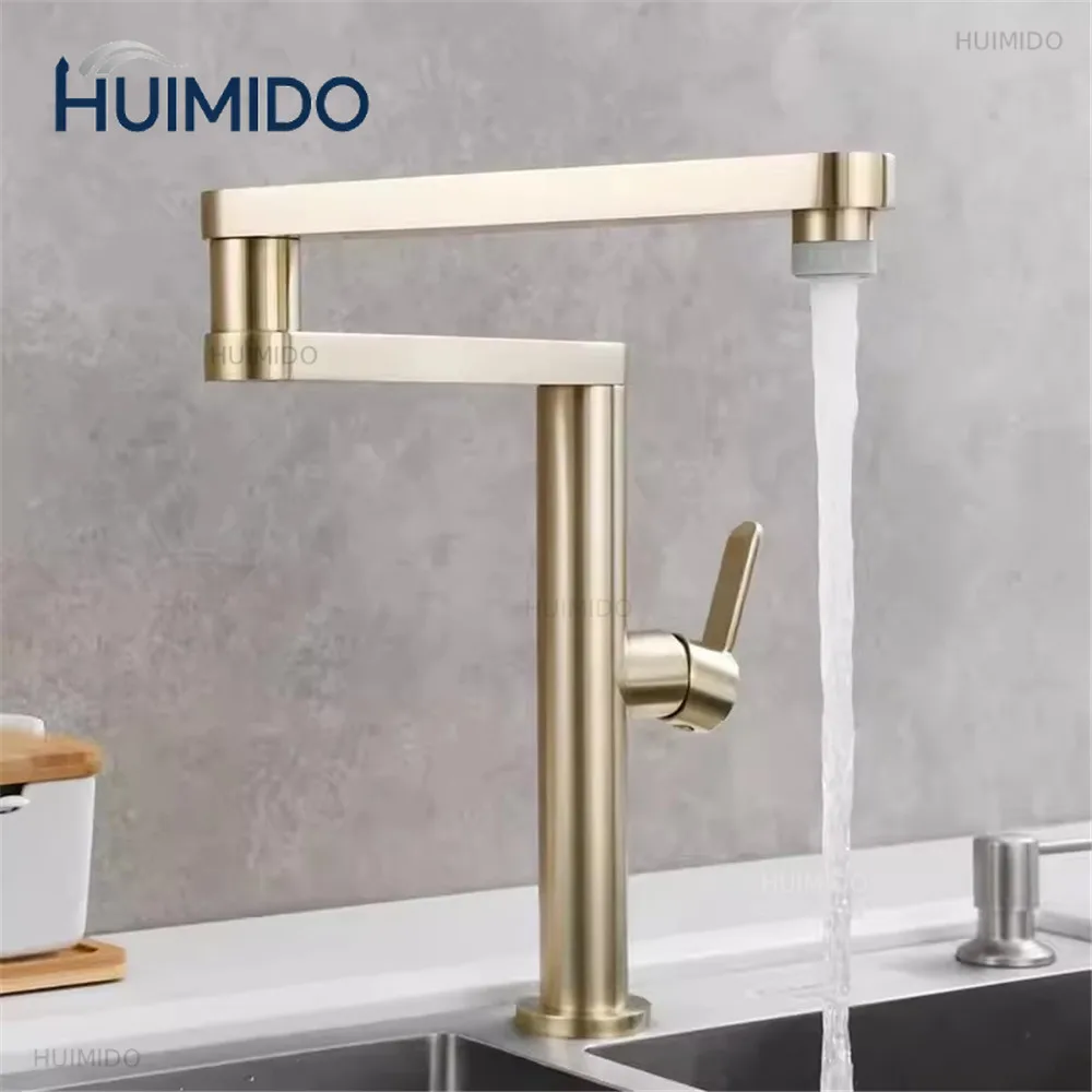 Tuqiu Brushed Gold Pot Filler Tap Deck Mounted Foldable Black Kitchen Faucet Hot Cold Sink Tap Rotate Folding Spout Gold Brass