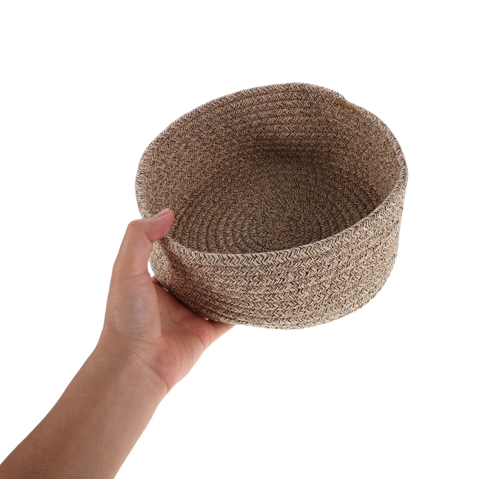 Cesta de almacenamiento tejida de hilo de algodón, cuerda enrollada marrón claro, organizador de tocador de hilo de juguete, cesta de cuerda de algodón, caja de almacenamiento para guardería, 1 ud.