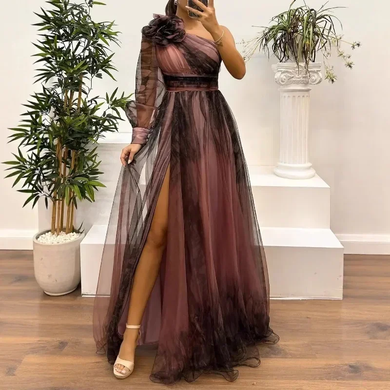 European American Diagonal Collar Mesh Maxi Dress Women Evening Party Loose Elegant Club Beach Vacation Ladies
