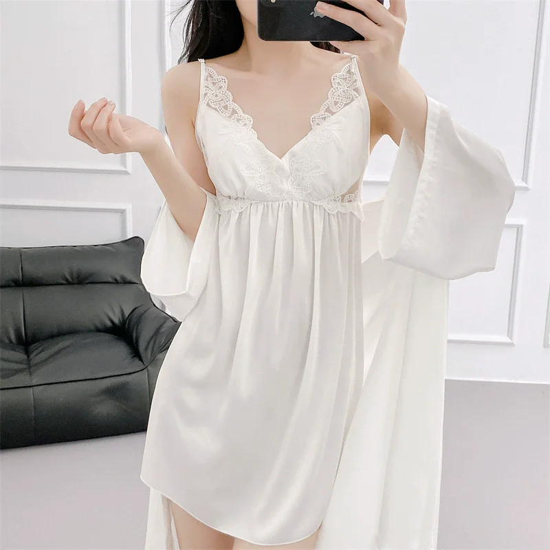 

Ice Silk Nighty&Robe Suit Sleepwear Two Piece Lace Kimono Set Elegant Long Bathrobe Gown Sexy Nightgown Home Wear