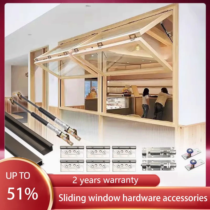 Up And Down Folding Window Hardware Milk Tea Shop Cafe Solid Wood Frame Glass Sliding Air Pressure Rod Window Slide