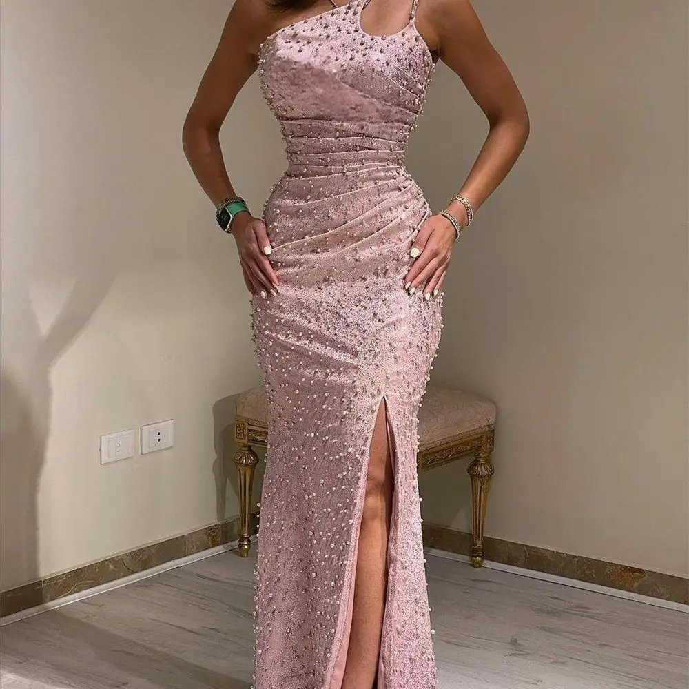 Customized  Exquisite One-shoulder Sheath Cocktail Fold Hugging Pearls S Occasion Evening Gown vestidos para mujer