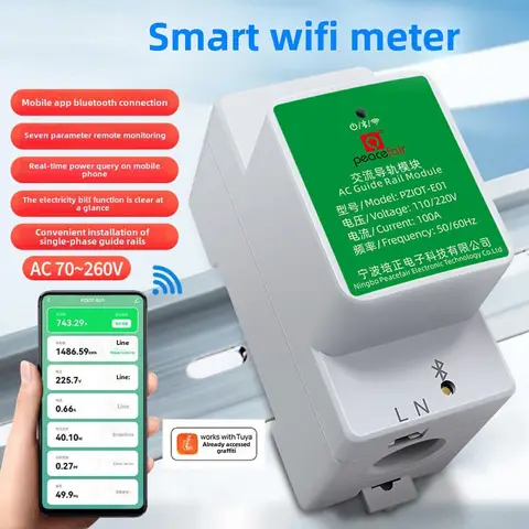 WiFi 스마트 단상 에너지 미터 6 In 1 AC 전기 Din 레일 스마트 전력 소비 측정기 전력계 전압계 전류계