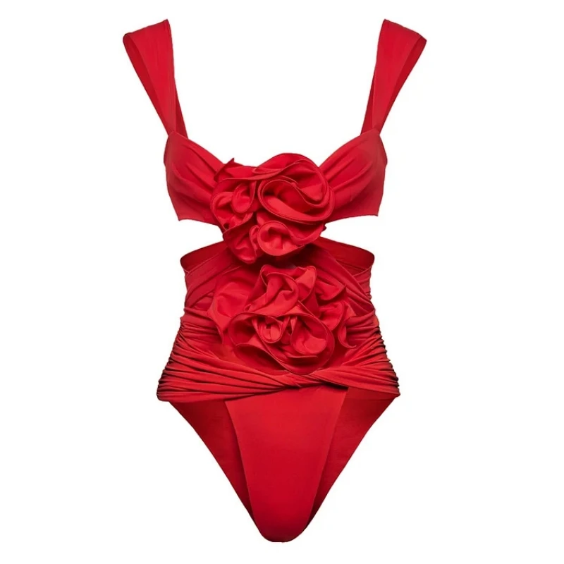 ZAFUAZ-Conjunto de Bikini para mujer, traje de baño Sexy de una pieza con flores en 3D, Color sólido, traje de baño de dos piezas 2024