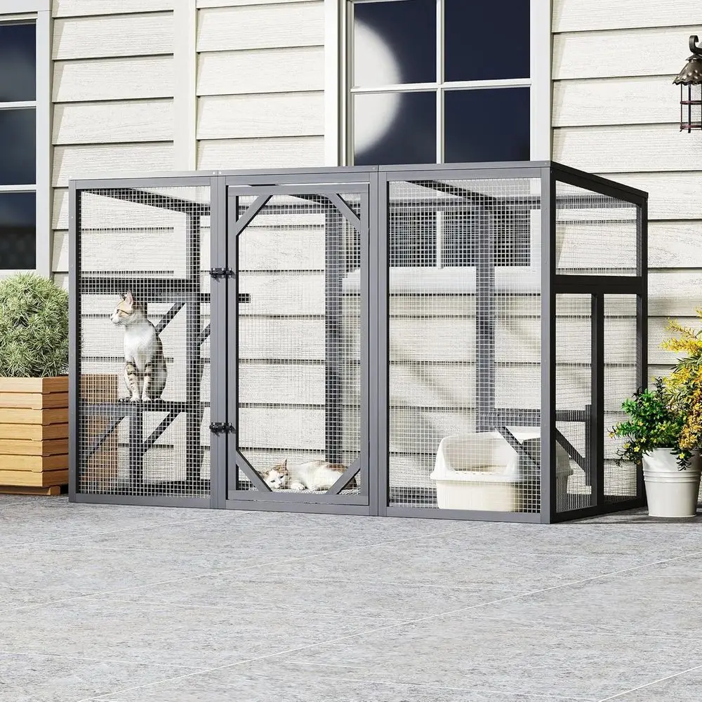 

Outdoor Cat Catio House, Wooden Cat Habits with 3 Platforms, Lockable Doors, Top Sun Roof, Patio Yard Window Enclosures, Weather