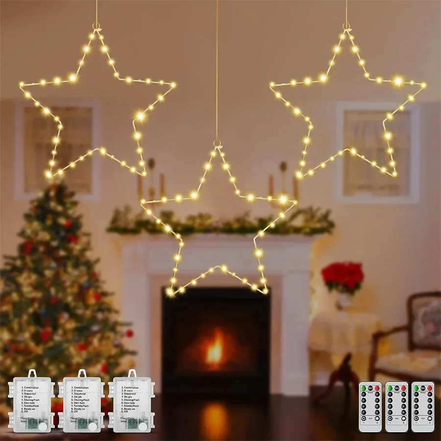 2025 New Year Christmas Decoration Fairy String Lights Waterproof 8 Modes 3PCS Stars Garden Light for Home Party Holiday Wedding