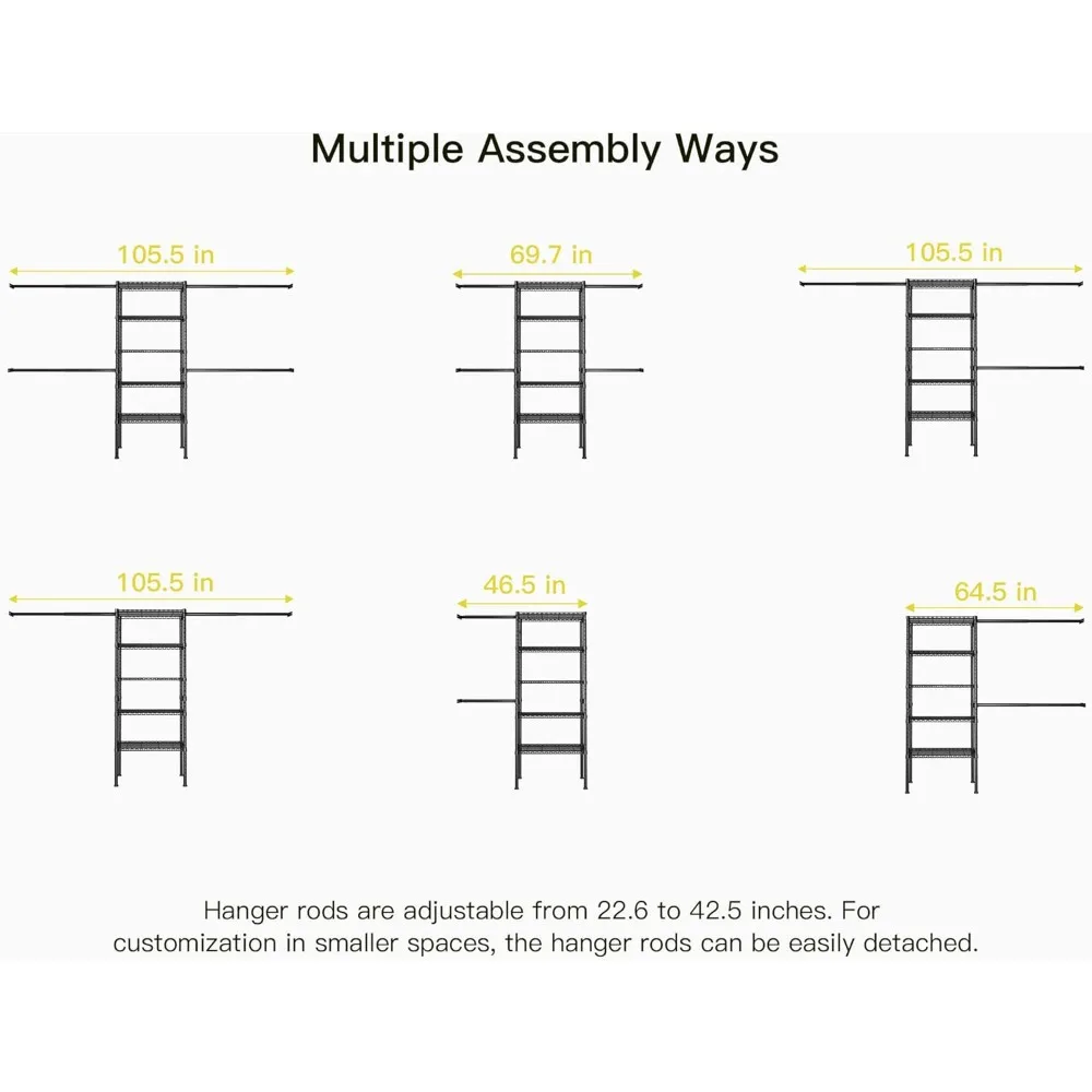 M2 Closet Organizer System, 5.9 Feet Height Mounted to the Wall Garment Rack with 4 Expandable Hanger Rods, 5 Shelves in 23.6"