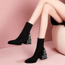 Ankle Boots for Women Suede Black Woman Short Shoes Rhinestone Elegant with Medium Heels Booties Sale Goth Comfortable Y2k Boot