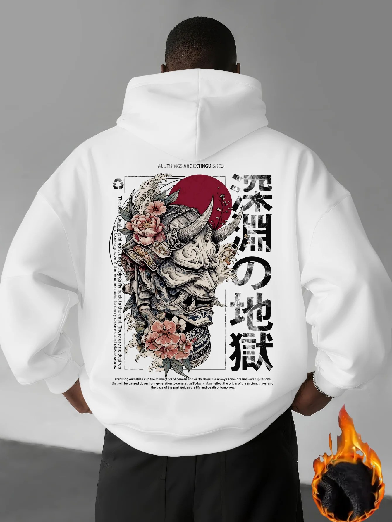 Men Japanese Samurai Kabuki Mask Printed Fall-winter Hooded Pullover Hoodie Loose Warm Casual Street Style with Added Insulation