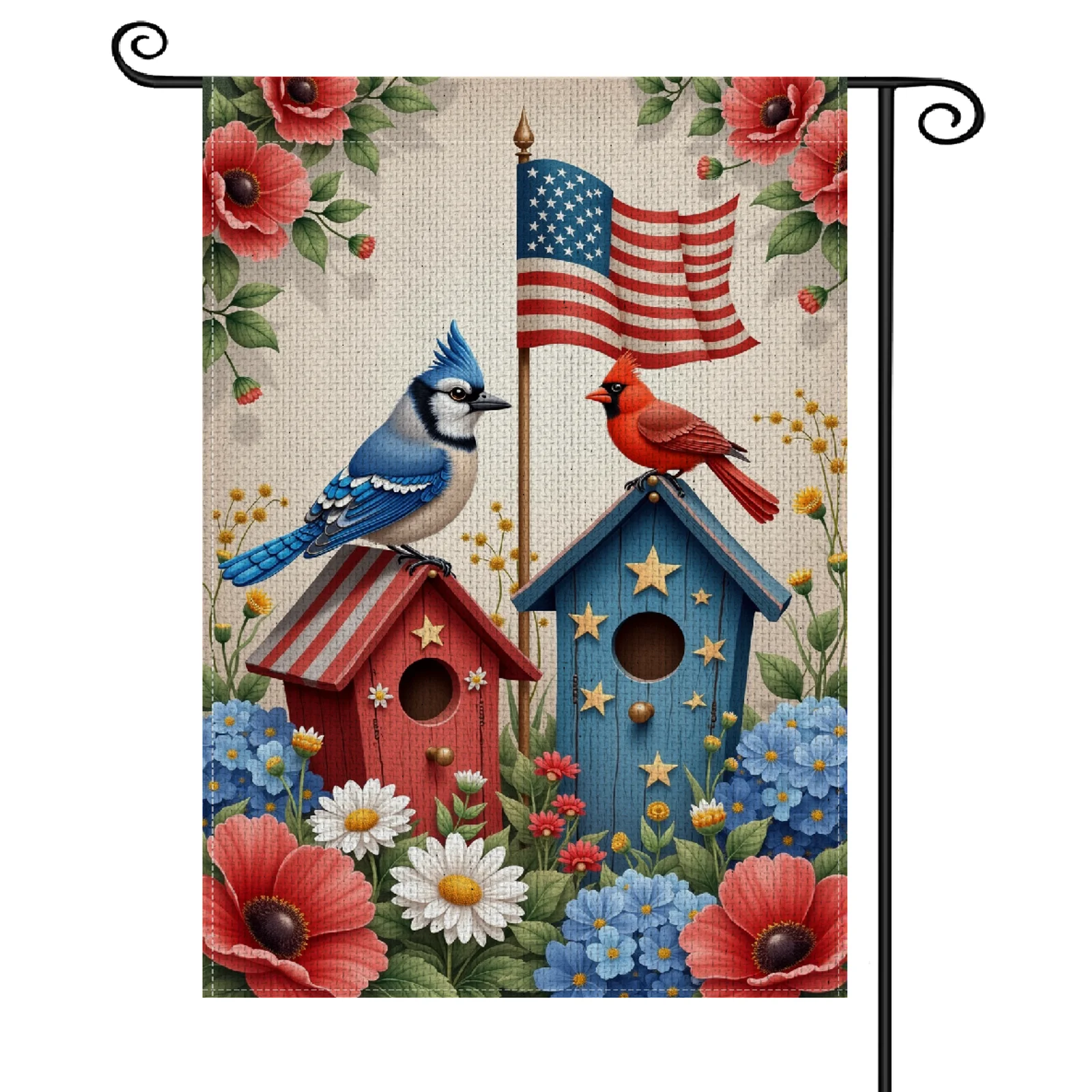 Patriotic Garden Flag Red White Blue Yard Banner Star Pattern Birdhouse Motif Outdoor Decor Flag for July 4th Celebration