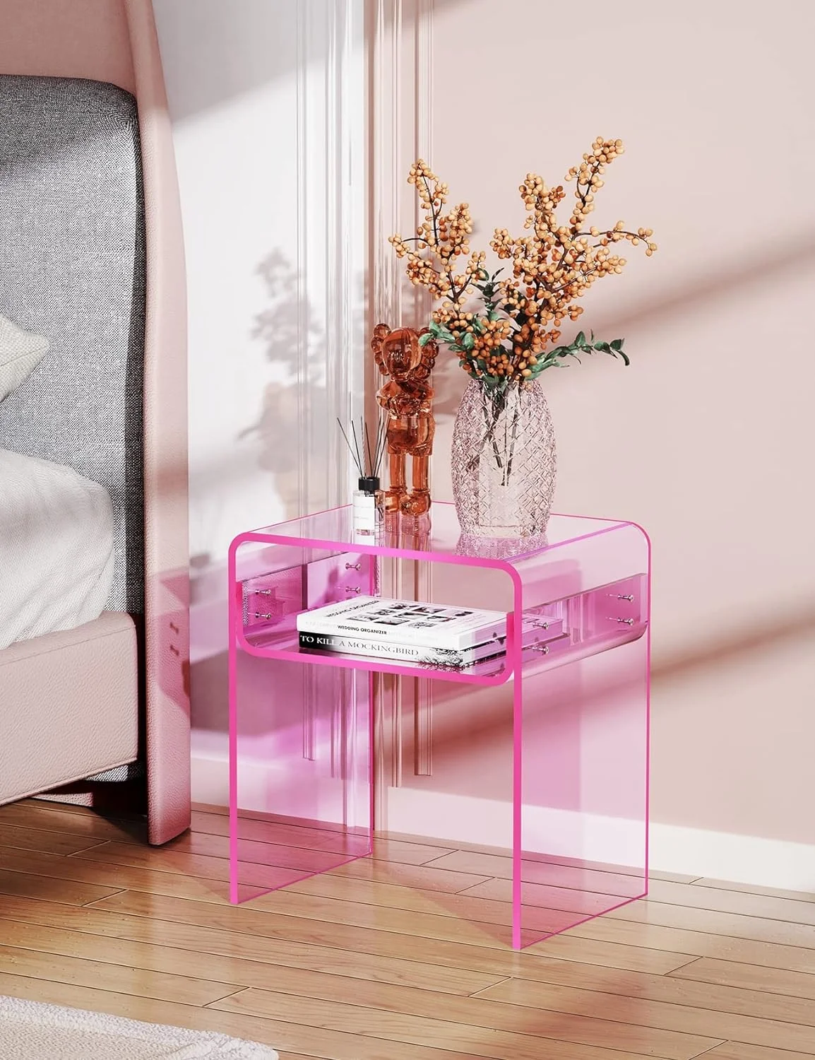 

Living room bedroom home decoration with transparent acrylic coffee table bunk bedside (pink)