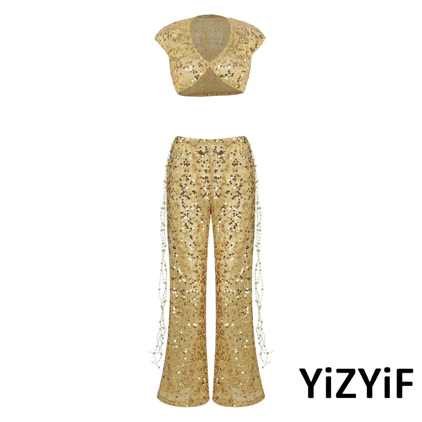 Glitter Allover Sequin 3 Piece Set for Women V Neck Sleeveless Crop Top Wide Leg Pants with Waist Chain for Party Jazz Clubwear