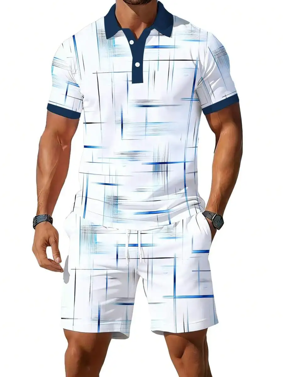 Mens Digital Print Shirt And Drawstring Shorts 2-Piece Set Casual Summer Outfit