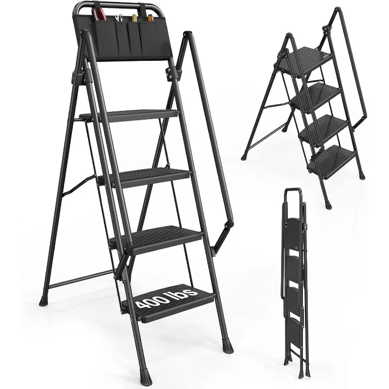 4 Step Ladder with Handrails, Folding Step Stool with Widened Anti-Slip Pedal, 400lbs Lightweight Step Ladder Folding, Multi-use