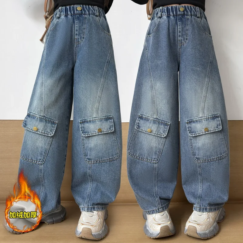 

Зимние утепленные джинсы для девочек-подростков с карманами, детские винтажные термоджинсовые брюки с флисовой подкладкой, детские теплые брюки с изогнутыми ножками