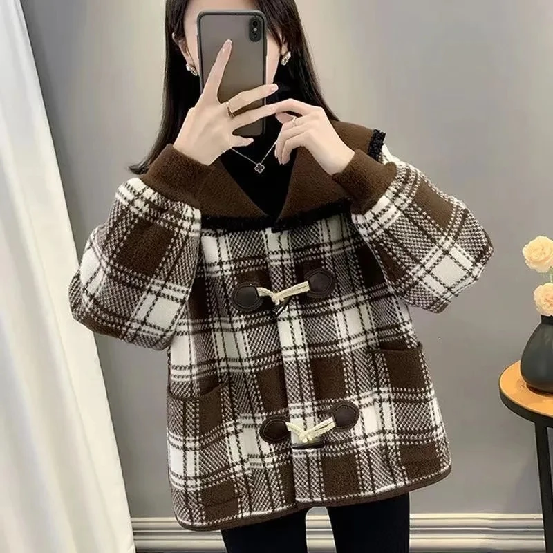 

2023 Autumn Winter Women New Navy Collar Double-Sided Tweed Female Short Lattice Loose Design join together Woolen Jacket Ladies