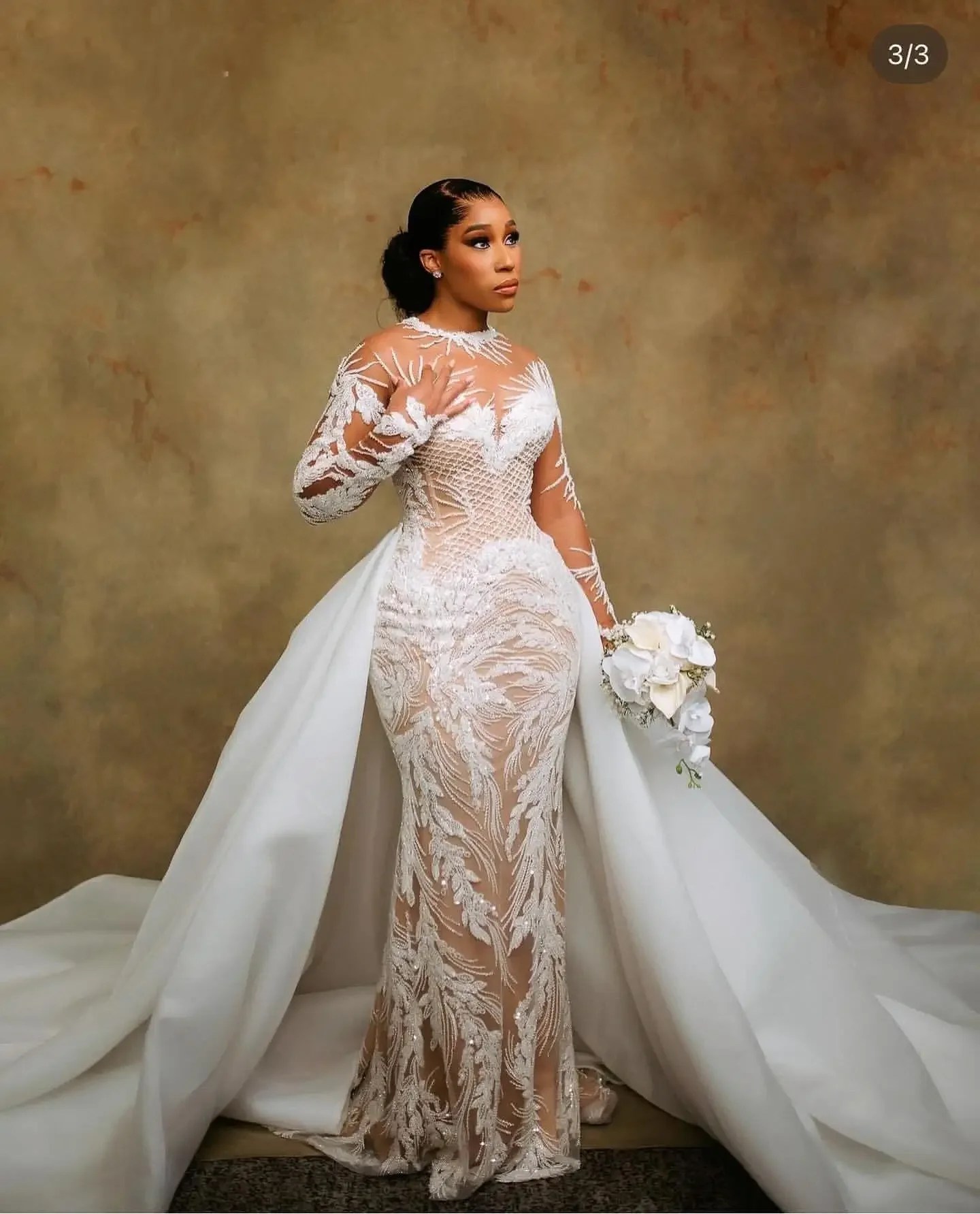 Customized Arabic Aso Ebi Plus Size Illusion Mermaid Ivory Wedding Dress Beaded Sequined Lace Bridal Gowns Dresses