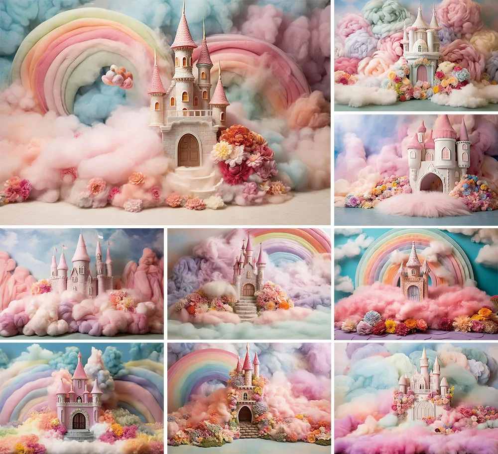 Mehofond Photography Background Colorful Cloud Rainbow Castle Girl Birthday Party Cake Smash Portrait Decor Photo Backdrop Studi