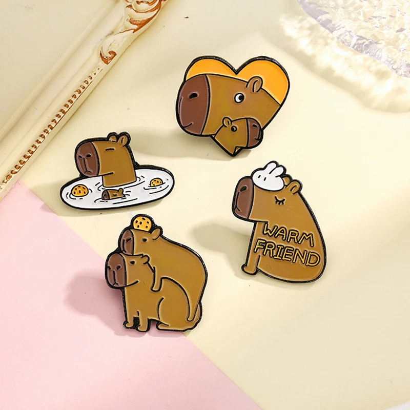 Cartoon Capybara Metal Brooch Alligator Coffee Chicken Capybara Rabbit Couple Guinea Pig Cute Animal Badge Punk Pin Jewelry Gift