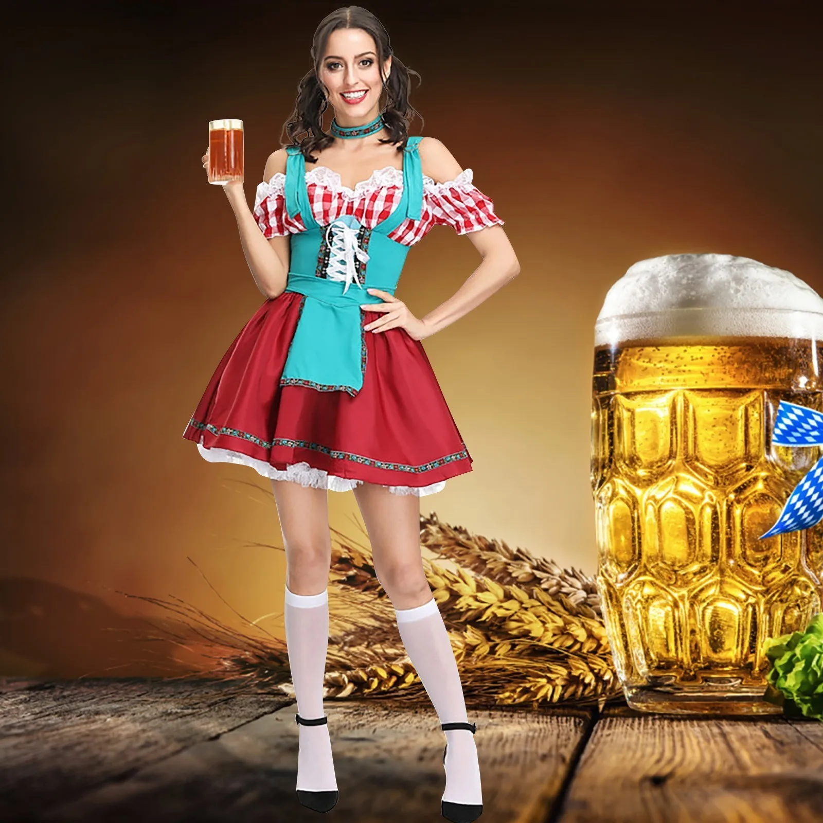 

2025 Traditional German Plaid Dirndl Dress Bavarian Oktoberfest Costume Outfit For Adult Women Halloween Cosplay Fancy Party