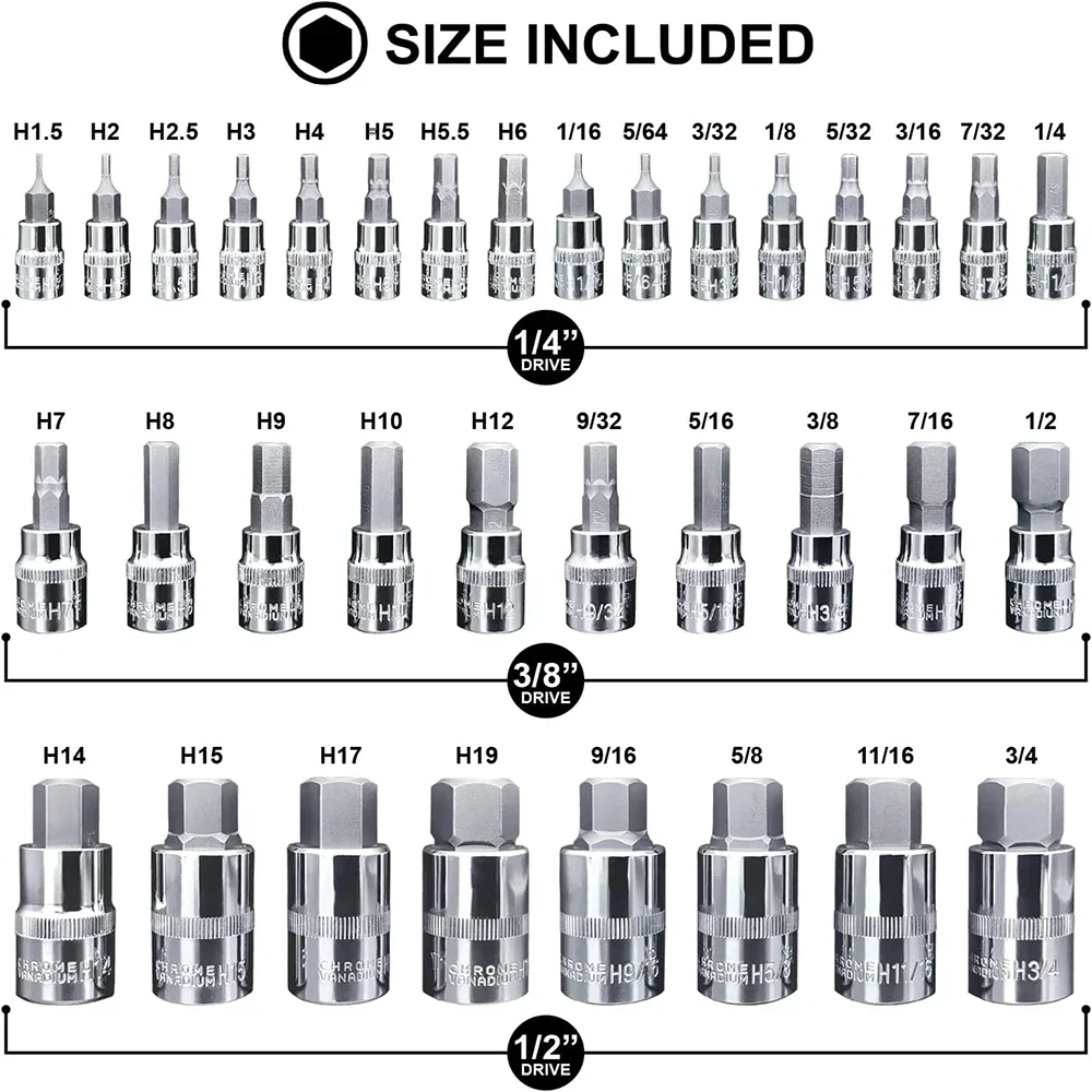 34pcs Master Hex Bit Socket Set Allen Wrench Bit Kit Hex Key for Ratchet Socket Tool Metric 3/8, 1/4, 1/2 Drive Socket