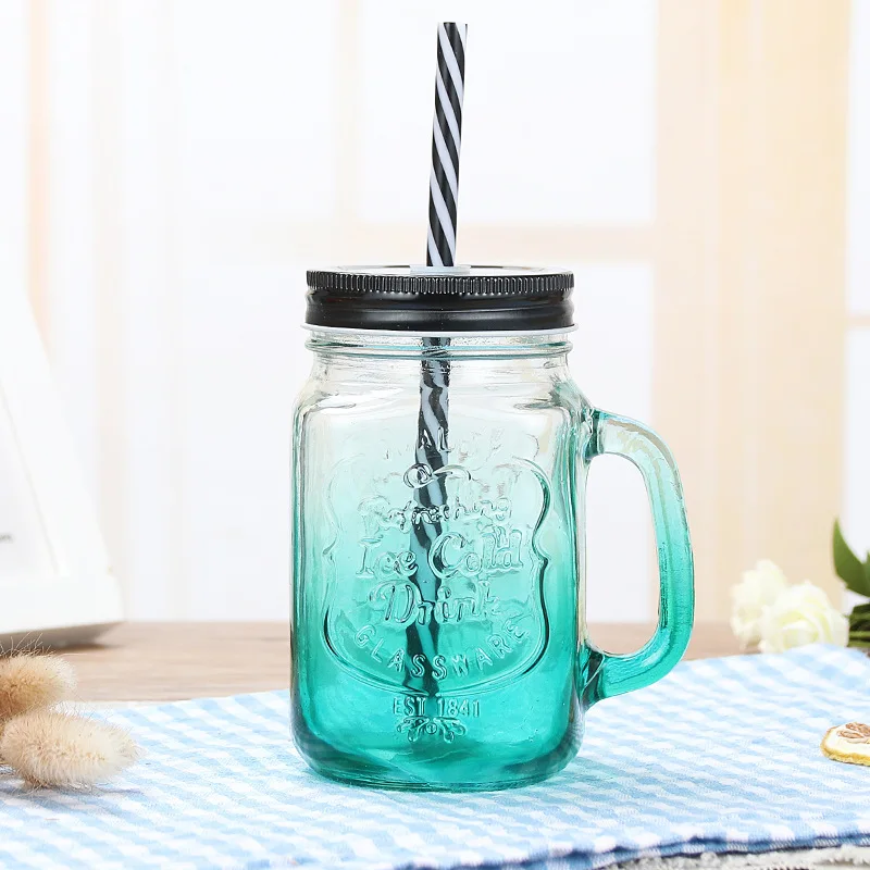 Colorful Glass Cups Clear Glass Water Cup Gradient Transparent Cap Straw Cold Drink Handle Mason Cup with Cover Drinkware Cups