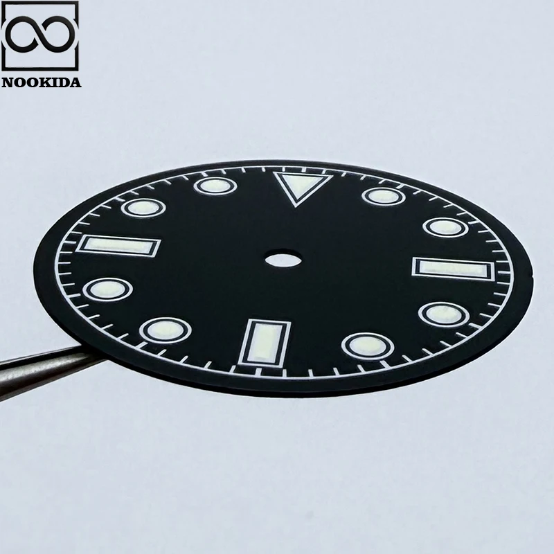 NOOKIDA 28.5mm Simple Green Luminous MOP Sterile Triangle Markers Vintage Watch Face Dial Suitable NH35 Automatic Movement Parts