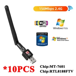 10PCS WiFi Adapter 150Mbps 2.4GHz Antenna 802.11n/g Ethernet Wi-Fi Dongle USB LAN Wireless Network Card PC MT7601 WiFi Receiver