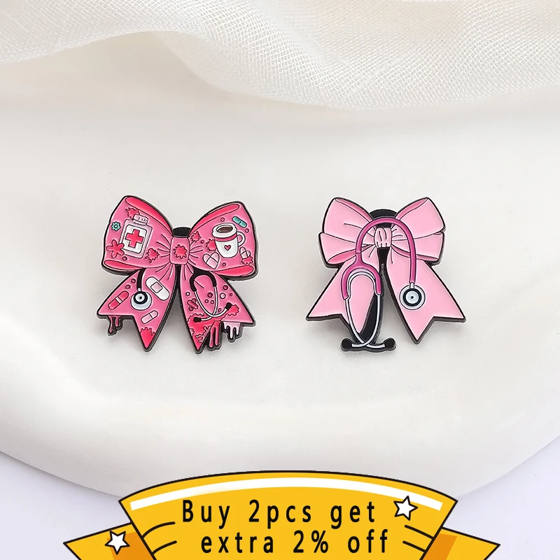 A Pink Colored Bow Medicine Box Pills Capsules Enamel Pins Doctor Nurse Stethoscope Brooches Lapel Badges Clothes Jewelry Gift