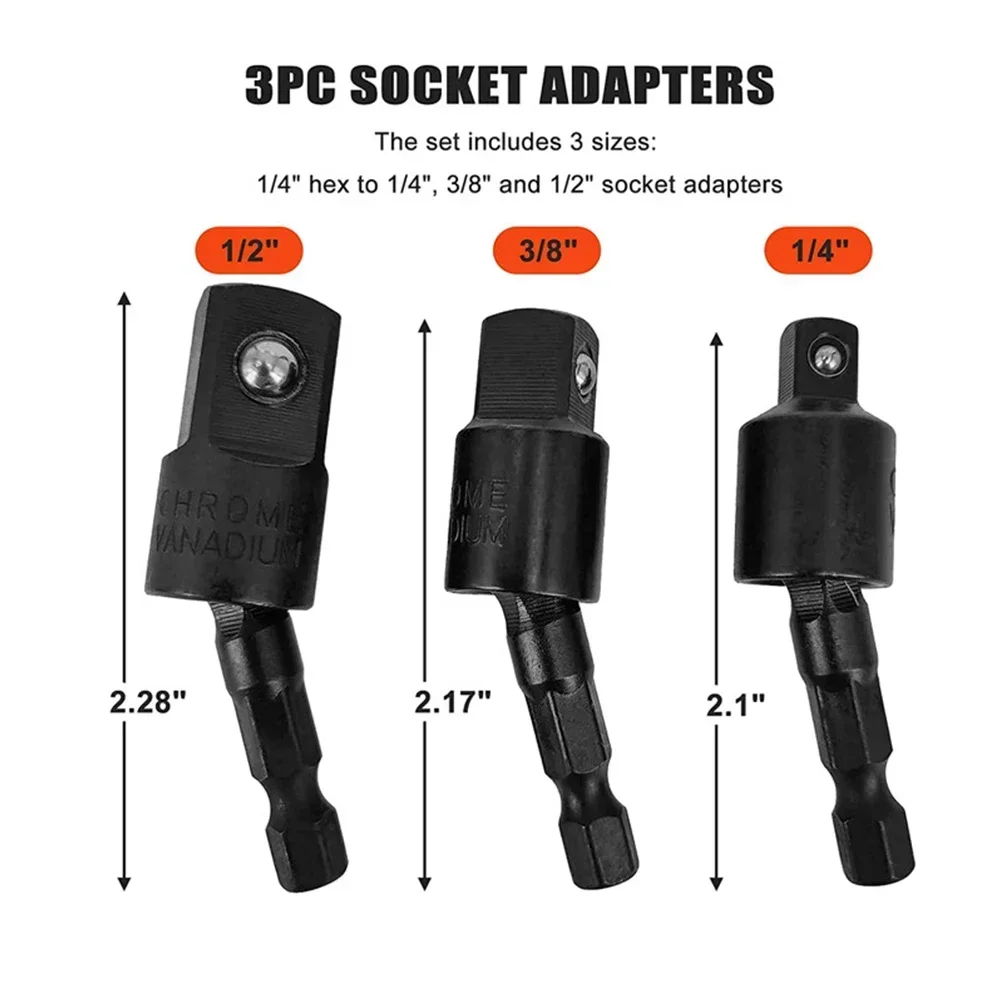 

3pcs Socket Adapter 50mm 6.35mm Hex Shank 1 4 3 8 1 2 Steel For Driver With Hex Shank To Square Socket Drill Bits