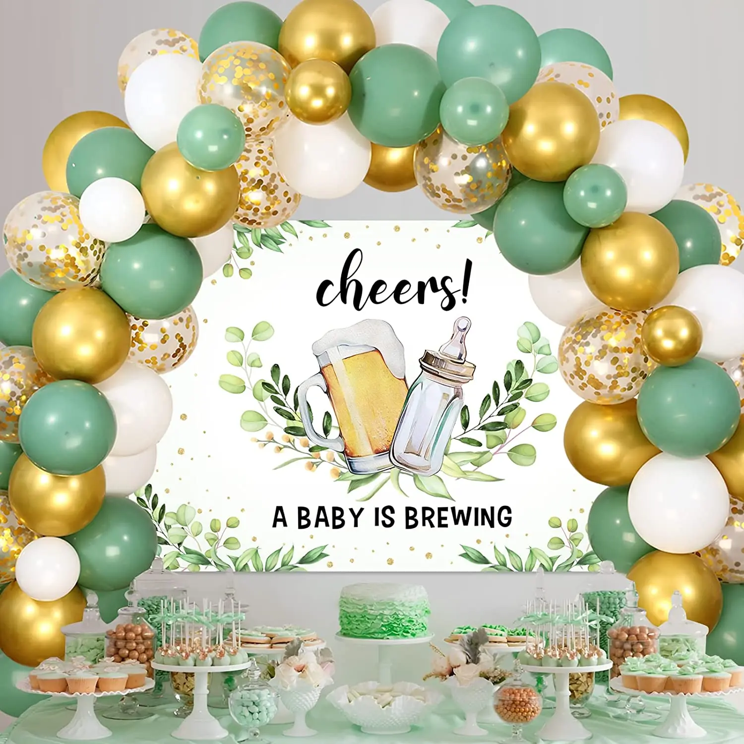 JOYMEMO Sage Green Baby Shower Decorations A Baby Is Brewing Backdrop Greenery Balloon Garland Kit Gender Neutral Party Supplies