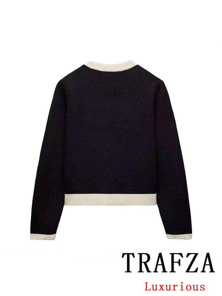 TRAFZA Vintage Casual Chic Women Sweater Patchwork O-Neck Long Sleeve Knitted Straight New Fashion 2024 Autumn Female Sweaters