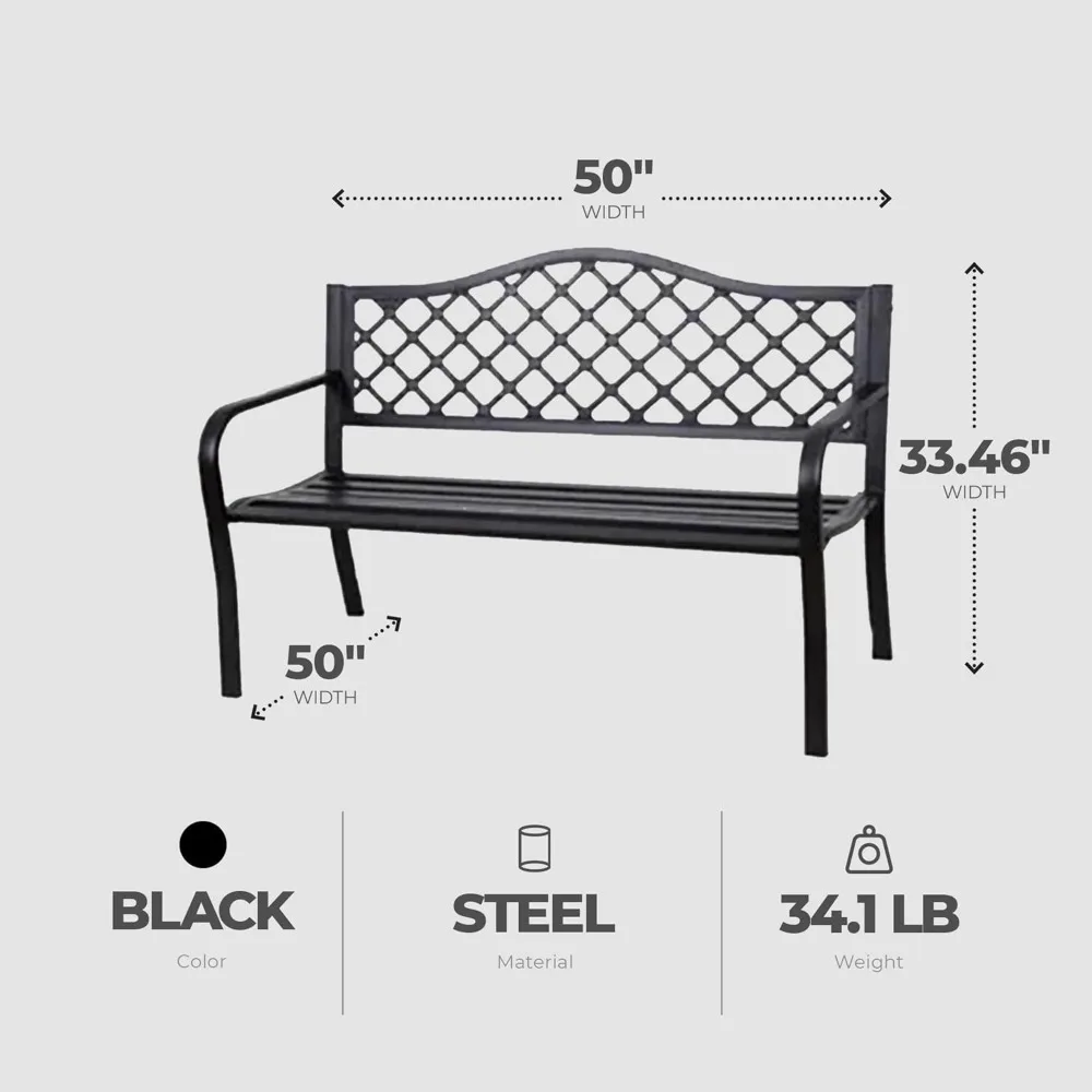 Outdoor Park Bench Backyard Garden, Front Porch, or Walking Path Furniture Seating with Powder Coated Steel Frame, Black