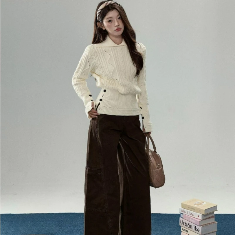 موضة جديدة بيضاء مضفرة على الطراز الكوري التلبيب تصميم جديد على الطراز الصيني سترة محبوكة مع خصر محكم 2026 خريف/شتاء #1