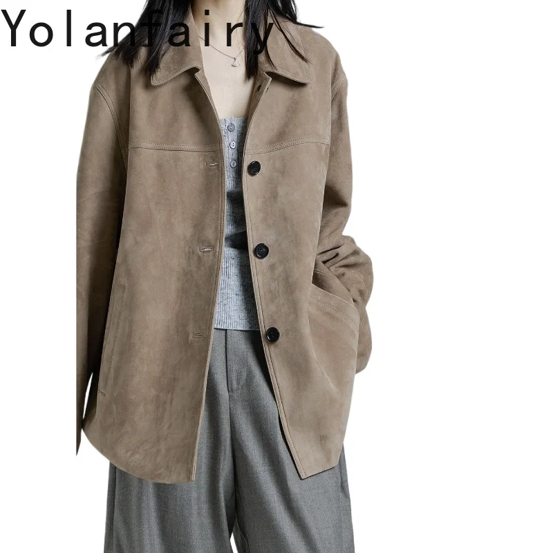 YOLANFAIRY Women Genuine Sheep Suede Leather Jacket Casual Chic Loose Fit Real Real Leather Coat Elegant Outerwear Chaquetas
