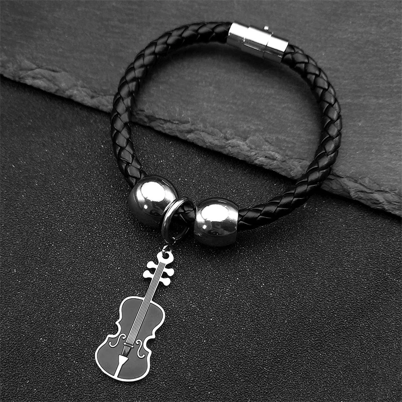 Fashion Violin Bracelet for Women Men PU Leather Silver Color Music Lover Female Hand Chain Jewelry Gifts