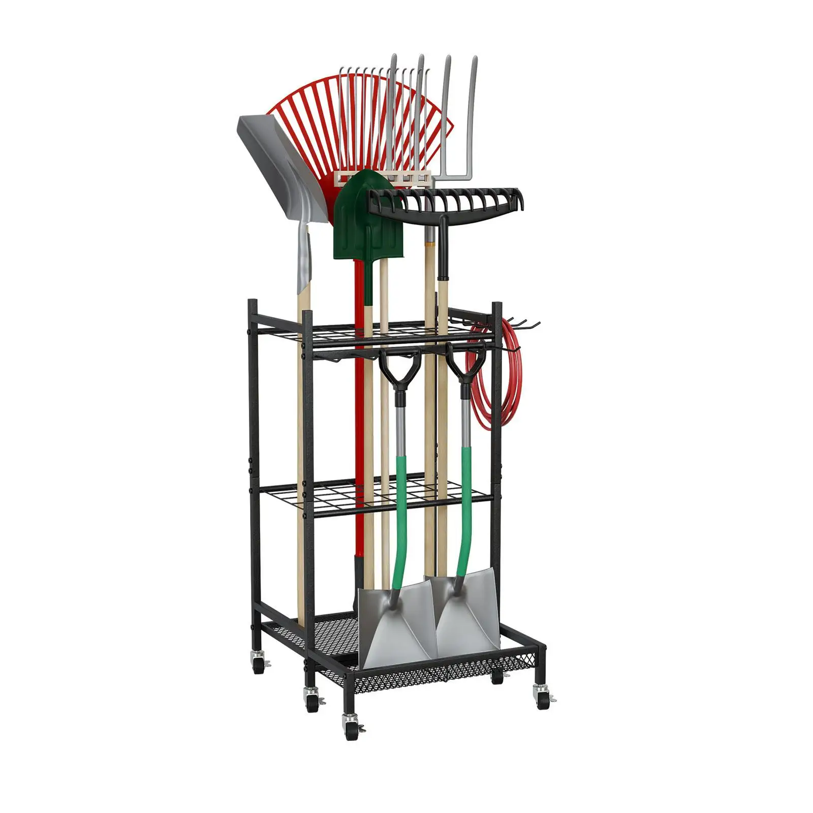 Garden Storage Rack Metal Garden Shelter Concept Tool Organizer with Wheels Versatile Utility Stand for Shed and Garage Use