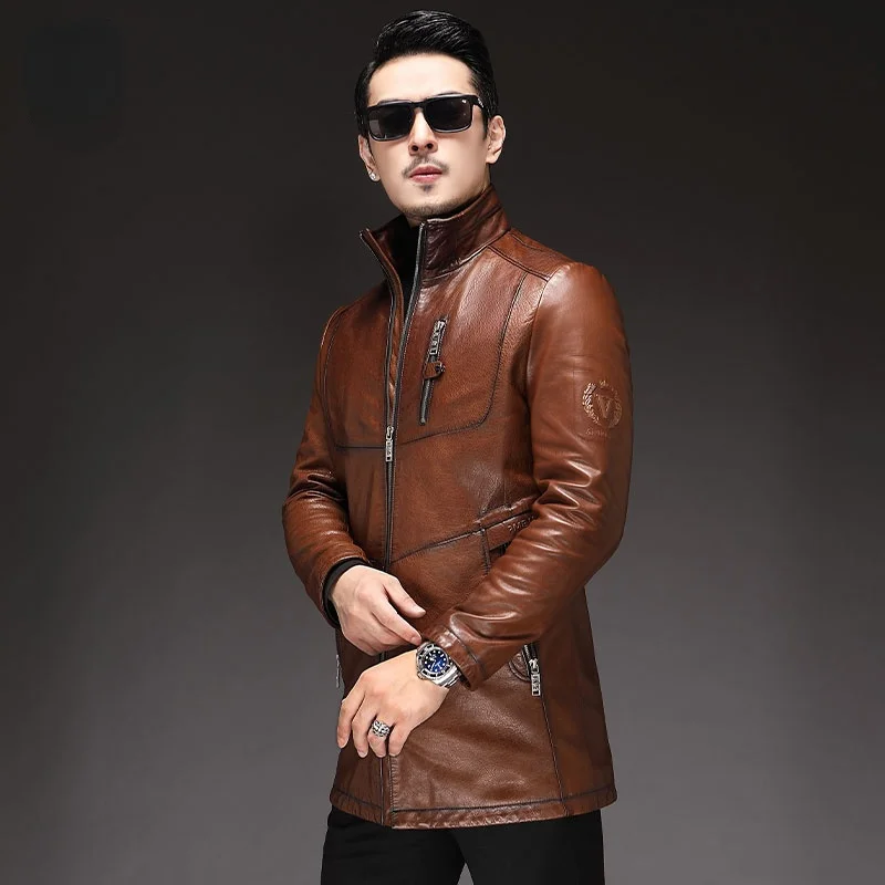 Autumn Winter New Sheepskin Fashionable Mens Genuine Leather Stand Collar Trench Coat Printed Oil Wax Jacket Black Brown