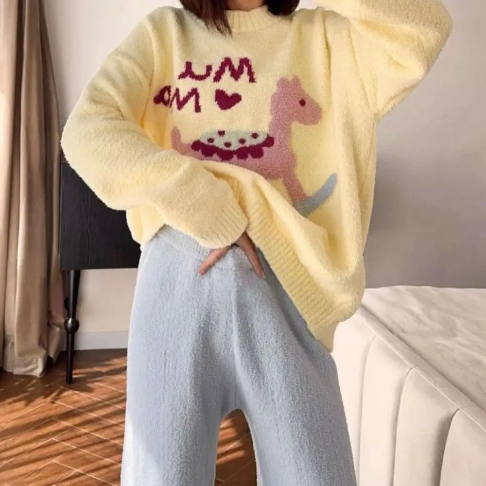 Zestaw piżamy z polaru z motywem konia, długi rękaw, kawaii, gruby, ciepły strój do spania, odzież domowa, luźny komplet piżam z kreskówkami dla dziewczynki.