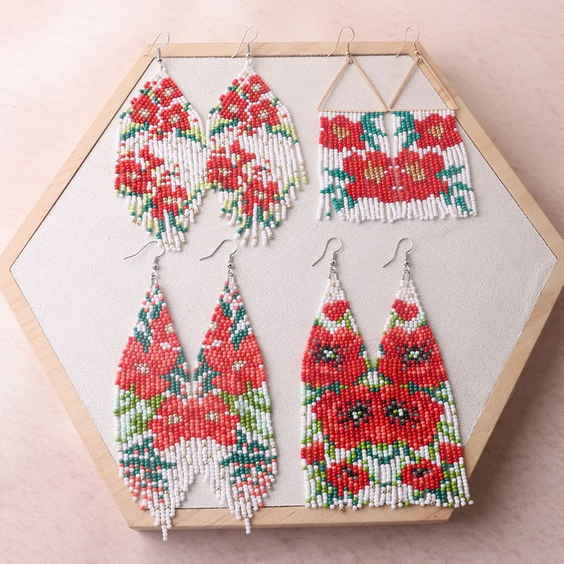 Bohemia Rice bead earrings flowers Symmetry Hand weaving Alloy Tassels Female Versatile Personality Pattern Beaded earrings