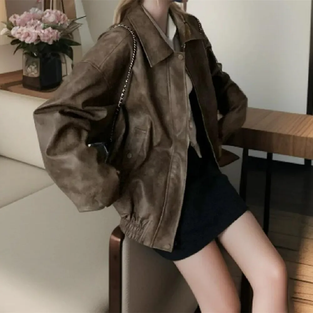 2024 American Retro Brown PU Leather Jacket The Spice Girls Full Bat Sleeve Bomber Boyfriend Coat Women Y2K Loose Outwear